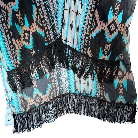 Vera Neumann NWT Fringed Tribal Shawl Wrap OS Boho Aztec Western Turquoise Tan - Picture 4 of 8